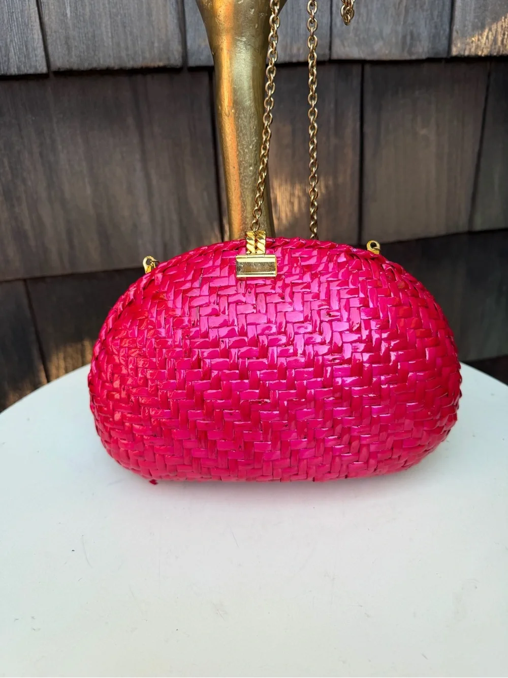 Vintage Vanessa neon pink fuchsia straw bag or clutch with chain strap